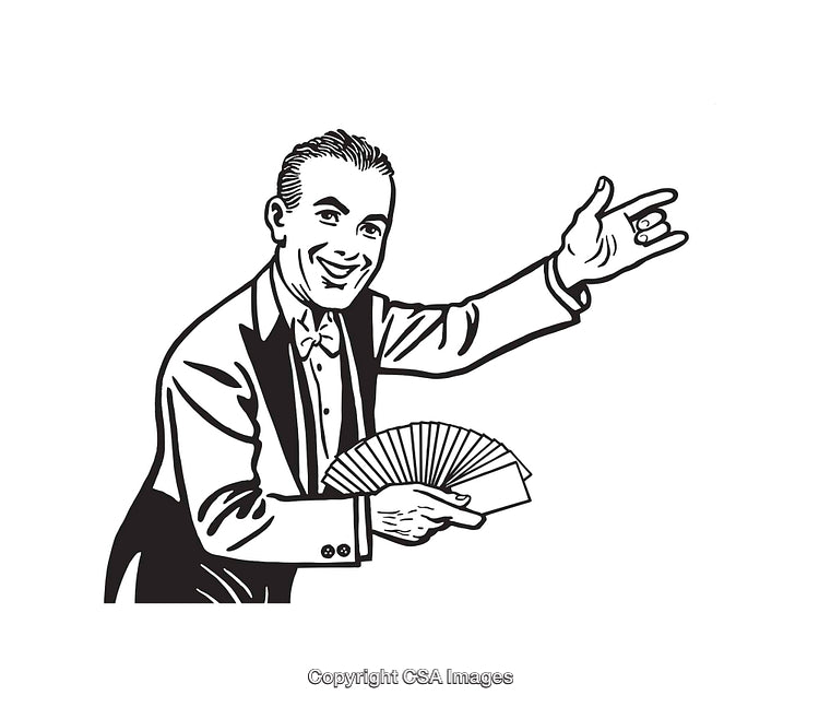 Retro Illustration of a Smiling Magician Holding Cards in a Black and White Style