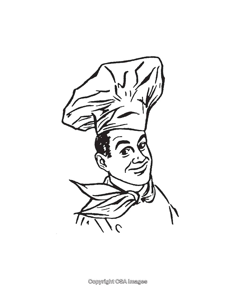 Black and White Line Art of a Chef Wearing a Hat and Scarf
