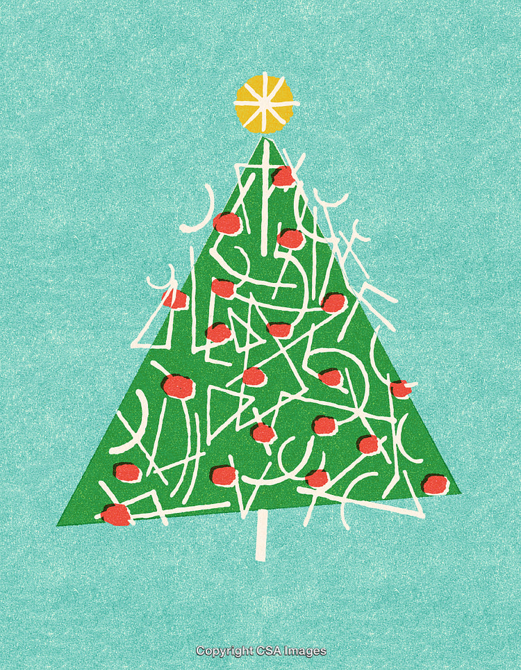 Abstract Artistic Christmas Tree With Festive Decorations on Turquoise Background