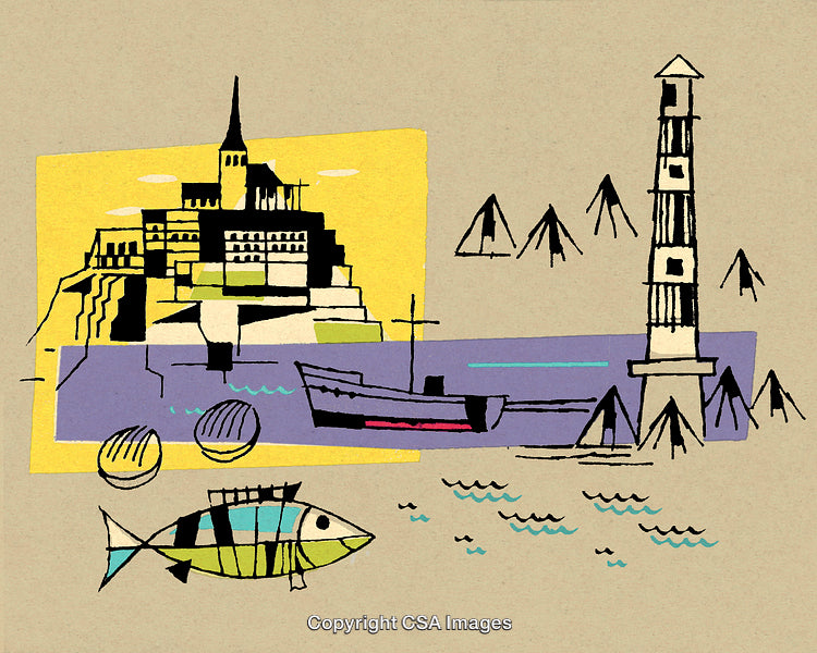 Colorful Abstract Coastal Scene Featuring Landmarks and Fishing Elements