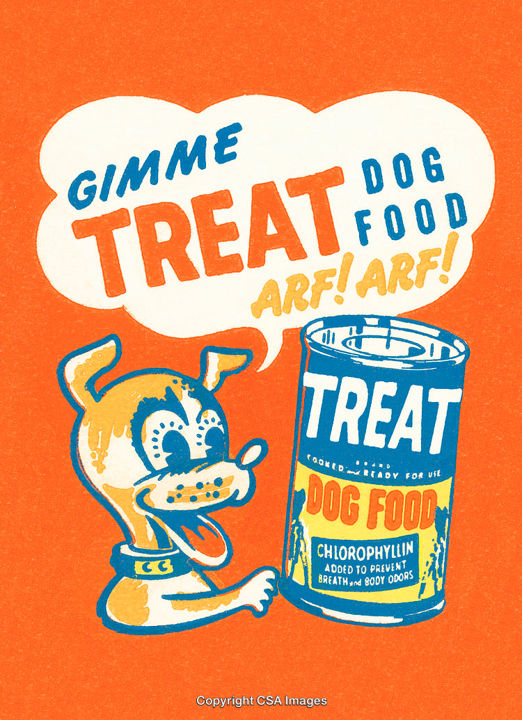 Vintage Advertisement Featuring Dog Food Packaging Illustration and Cartoon Dog