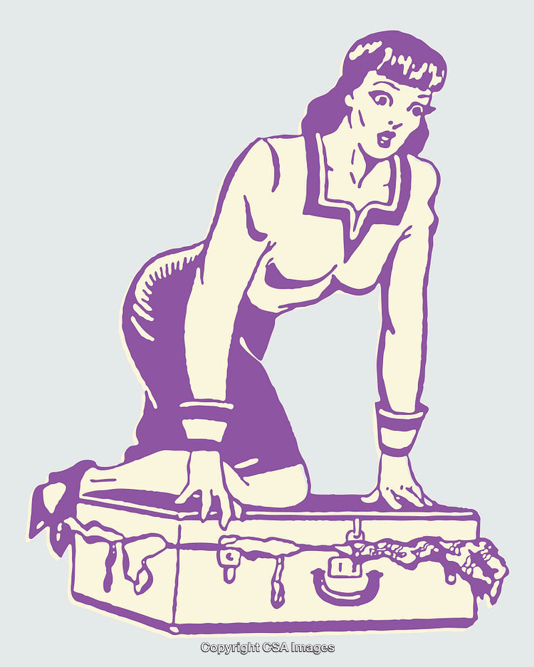 Retro Style Illustration of a Woman Sitting on a Trunk in Surprise