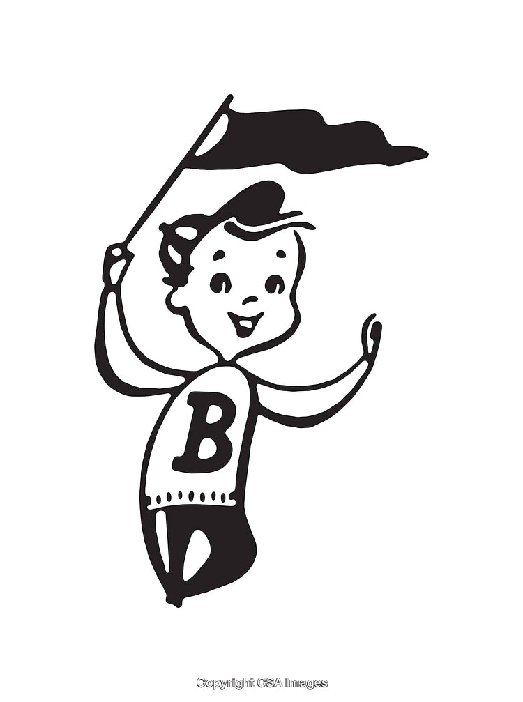 Retro Styled Line Art of a Child Holding a Flag with Letter B