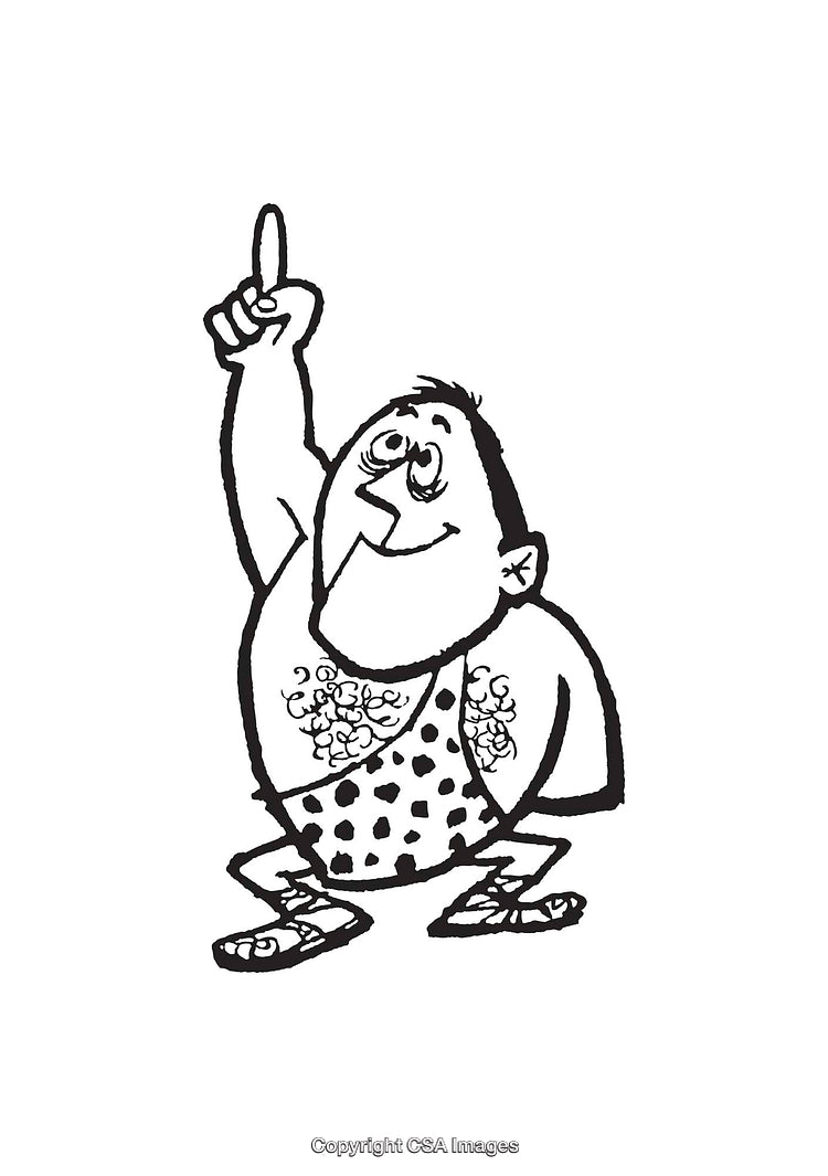 Cartoon Caveman Pointing Upward in Black and White Line Art Drawing