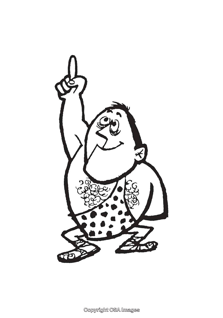 Cartoon Caveman Pointing Upward in Black and White Line Art Drawing
