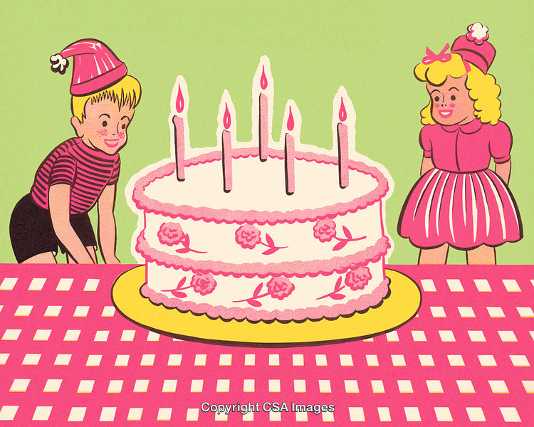 Retro Illustration of Children Celebrating With a Birthday Cake