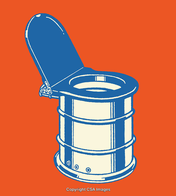 Colorful Line Art Illustration of a Portable Camping Toilet on Orange Background