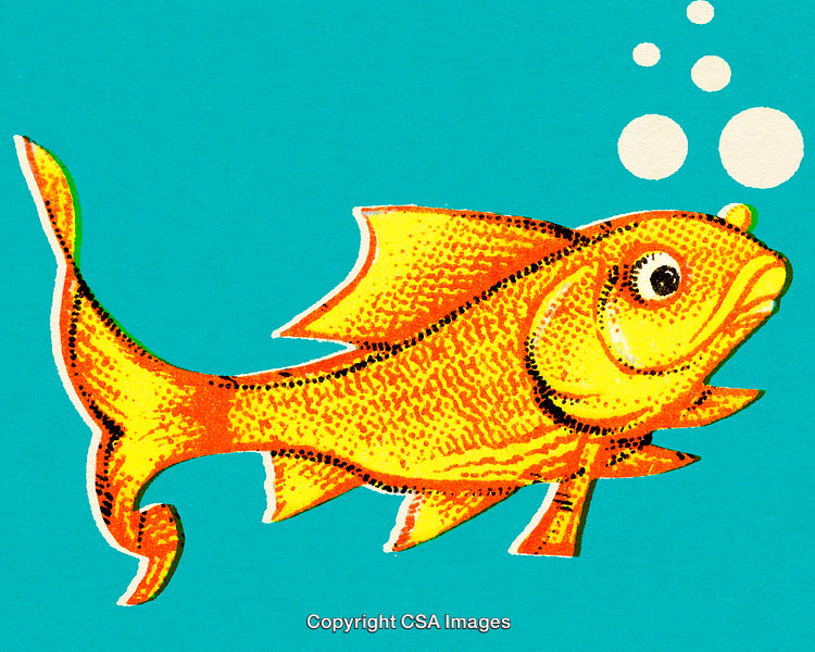 Bright Cartoon Goldfish Illustration with Bubbles on Aqua Background