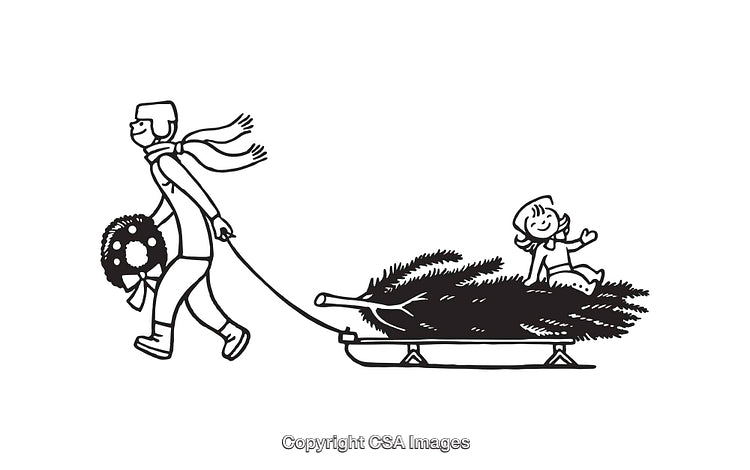 Line Art Illustration of Festive Scene with Sled and Holiday Decorations