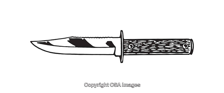Black and White Line Drawing of a Camping Knife With Detailed Handle