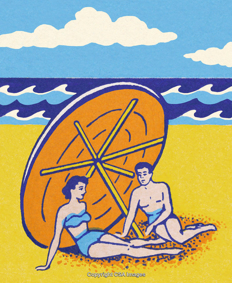 Colorful Retro Illustration of a Couple Relaxing on a Vibrant Beach