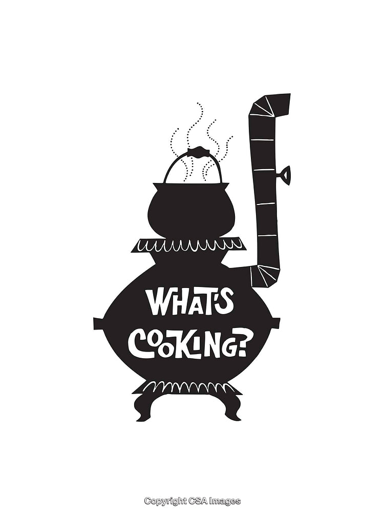 Black and White Illustration of Cooking Pot with 'What's Cooking?' Text