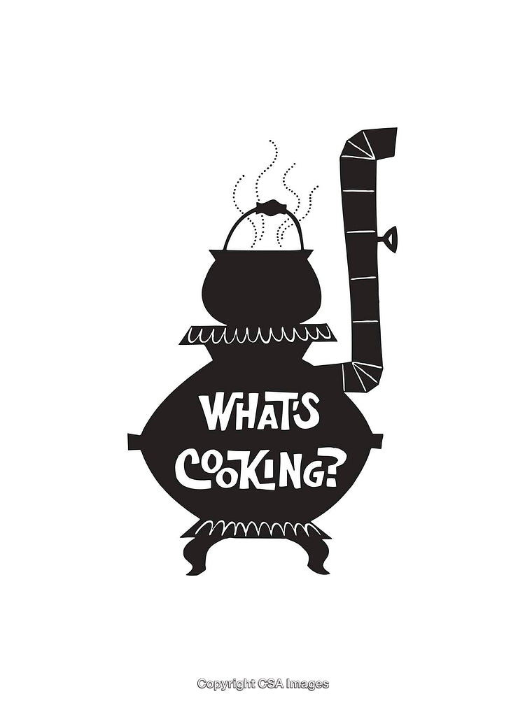 Black and White Illustration of Cooking Pot with 'What's Cooking?' Text
