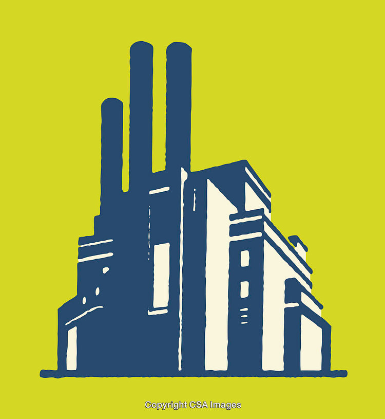 Retro Styled Industrial Facility Illustration with Bold Lines and Vibrant Background