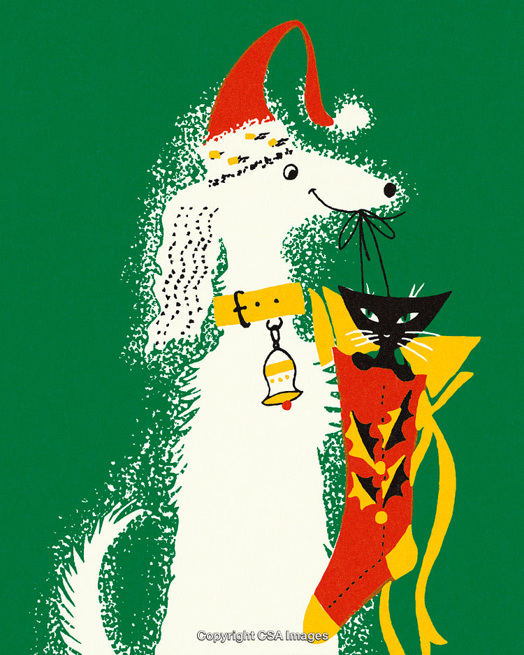 Festive Dog with Santa Hat Holding Christmas Stocking in Vibrant Colors