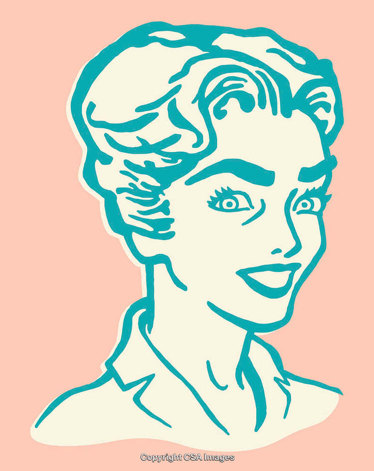 Retro Style Color Line Art Illustration of a Smiling Woman