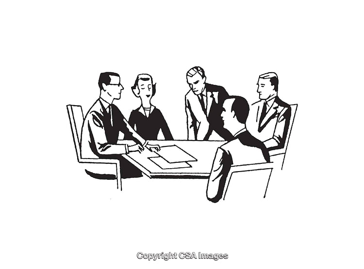 Business Meeting in Vintage Black and White Line Art Illustration