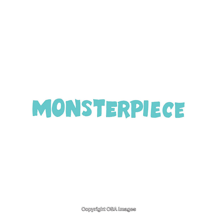 Playful Teal Word Artwork Saying Monsterpiece on Clean White Background