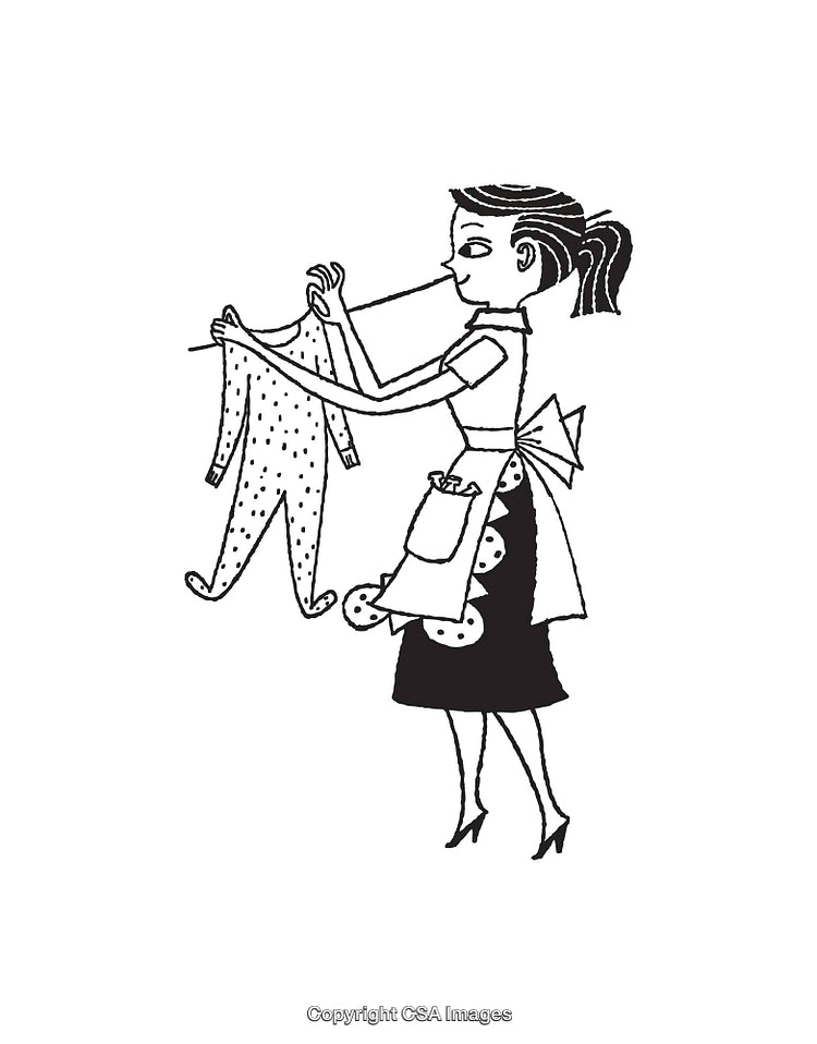Black and White Illustration of Woman Hanging Clothes on a Line