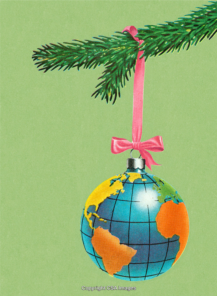 Earth Ornament Hanging From Tree Branch With Ribbon on Green Background