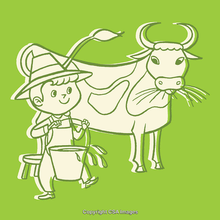 Cartoon Farmer Milking a Cow in a Whimsical Line Drawing