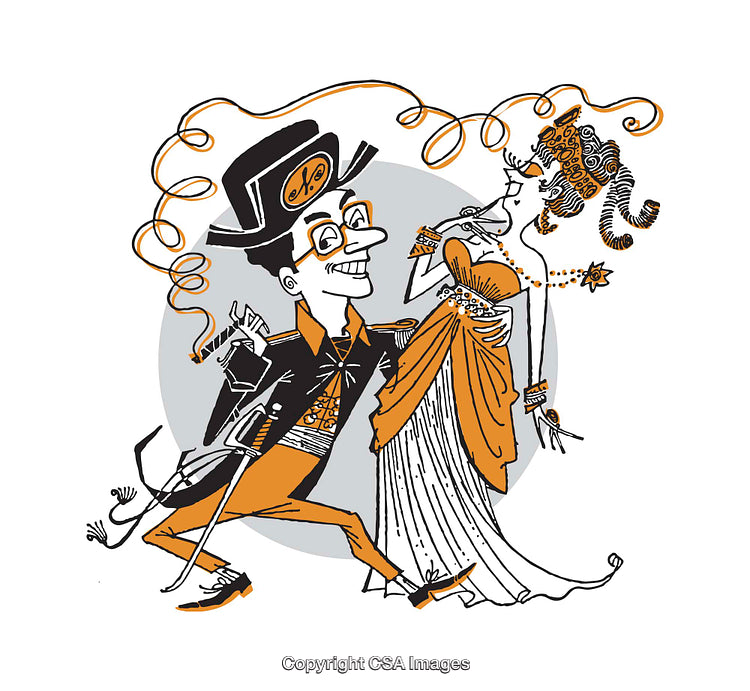 Playful Illustration of Elegant Couple in Vintage Attire with Cheerful Expressions