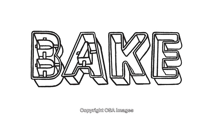 Black and White Line Art Illustration Featuring the Word Bake in 3D Text