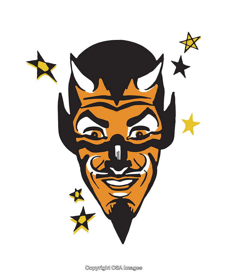 Vintage Illustration of Devil Face with Stars in Bold Colors