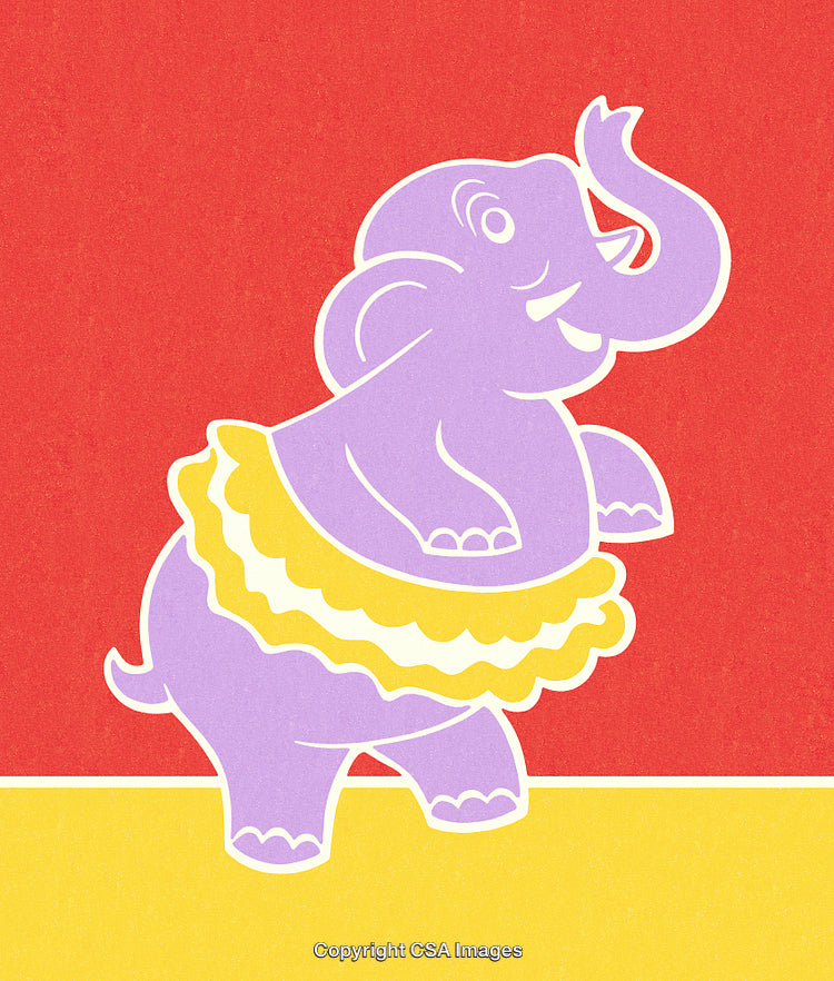 Delightful Cartoon Elephant in Skirt on Vibrant Red and Yellow Background