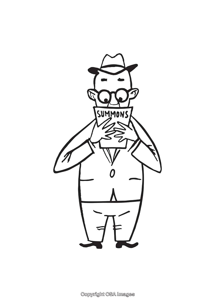 Black and White Illustration of a Man Reading Legal Summons Document