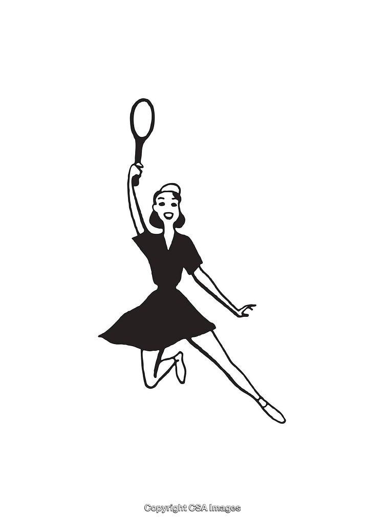 Stylized Black and White Illustration of a Woman Playing Tennis
