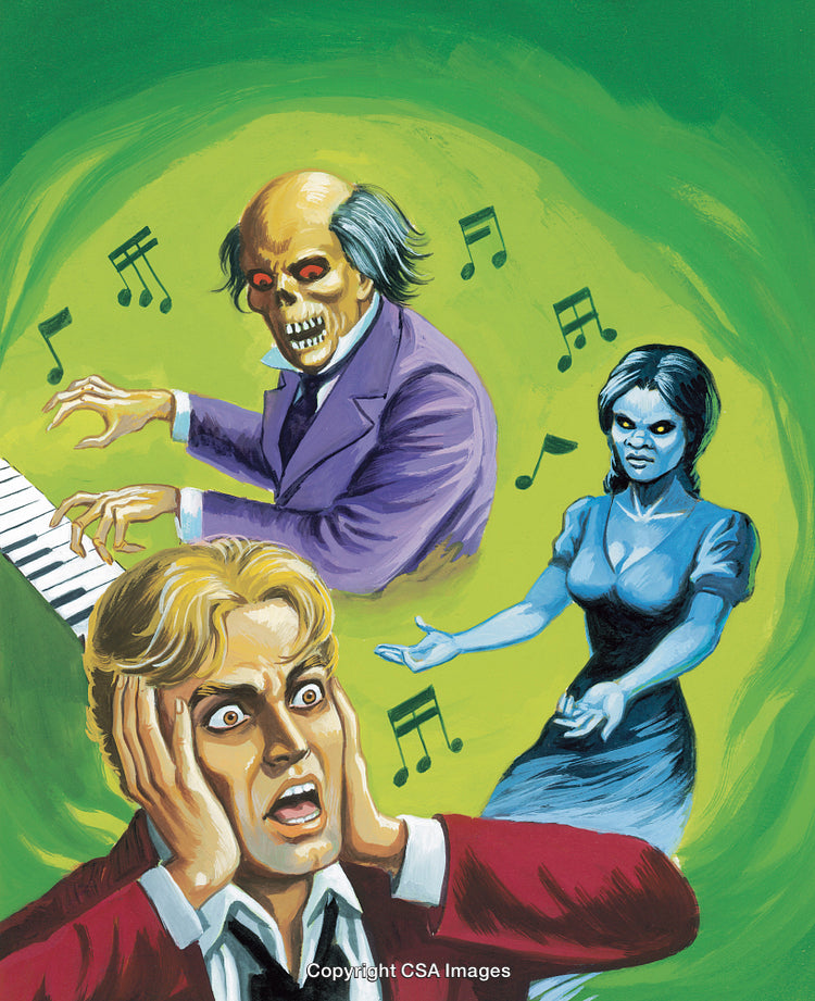 Illustration of Haunted Pianist and Frightened Man in Dramatic Scene