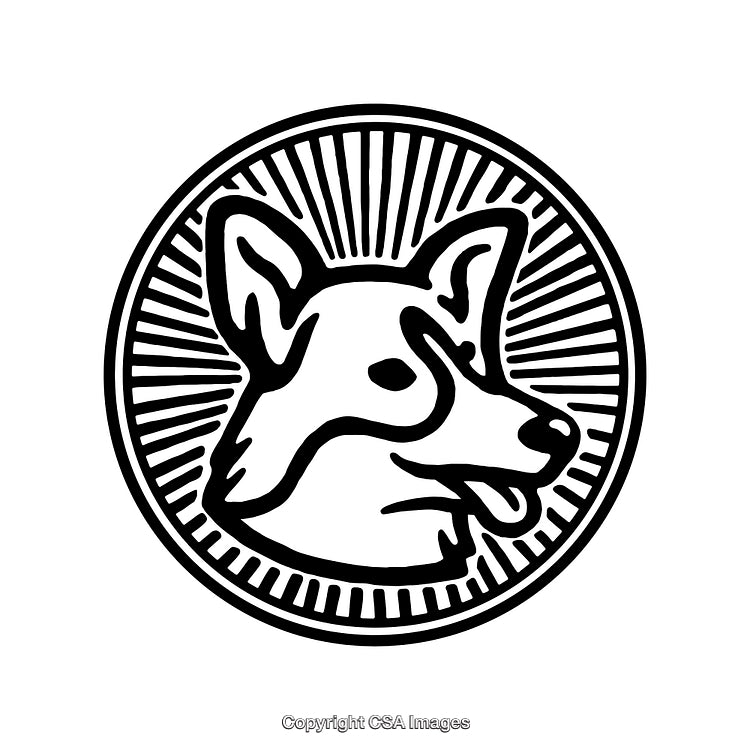 Black Line Art Illustration of Dog with Radiating Sunburst Design