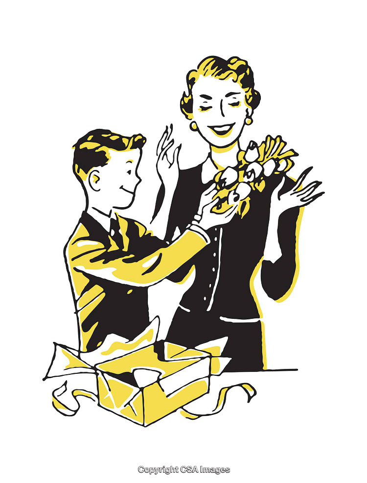 Heartwarming Vintage Illustration of a Child Giving a Gift to a Parent
