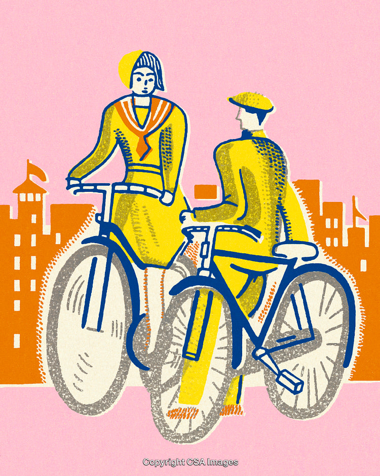 Stylized Illustration of Two People Cycling in Vibrant Urban Setting