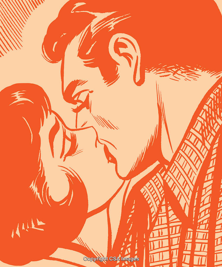 Romantic Retro Illustration Depicting a Loving Couple Sharing an Intimate Moment