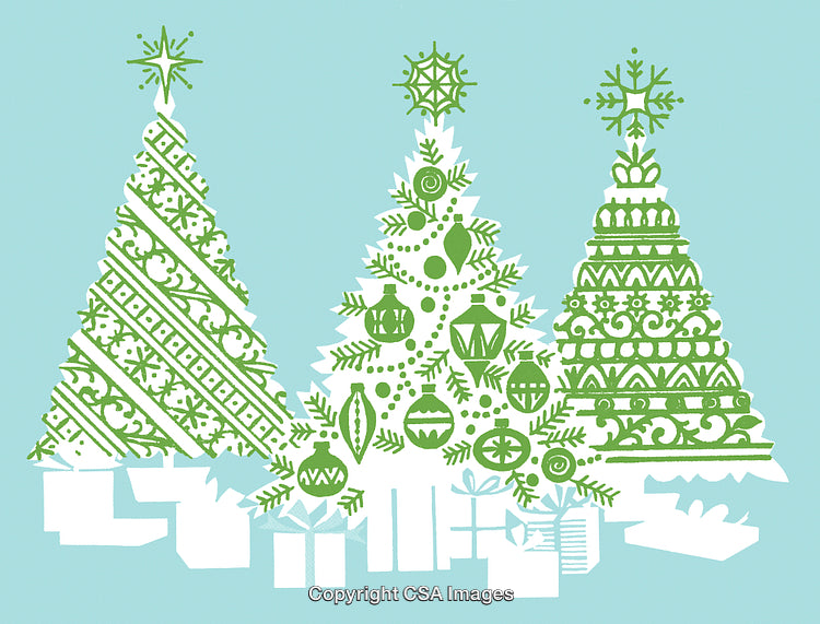 Stylized Green Christmas Trees with Festive Decorations and Numerous Gift Boxes