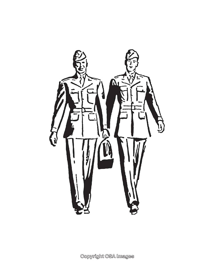 Illustration of Two Soldiers Walking in Uniform Carrying a Bag