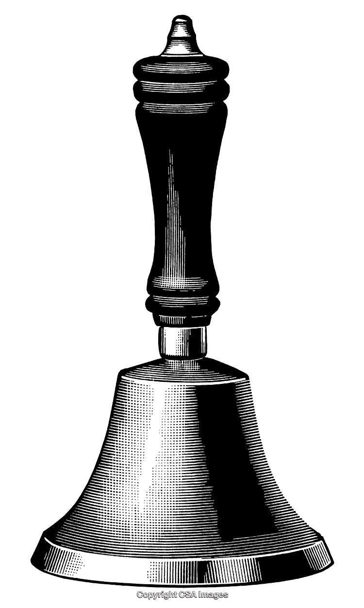 Black and White Engraving of a Classic Handbell with Elegant Handle Design