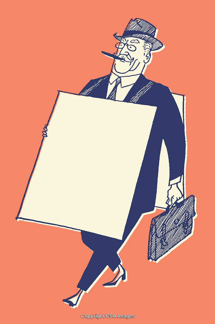 Illustration of a Cartoon Businessman Holding a Blank Sign and Briefcase