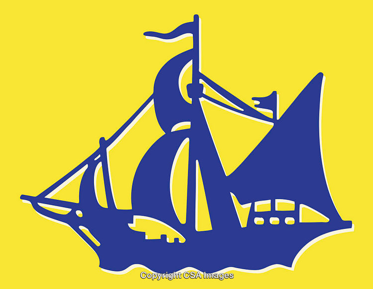 Blue Sailing Ship Illustration on a Bold Yellow Background