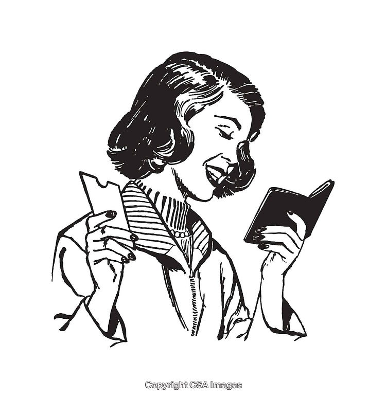 Retro Illustration of a Woman Holding Items and Reading a Book