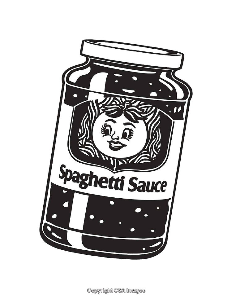 Black and White Line Art of Spaghetti Sauce Jar with Text and Decoration