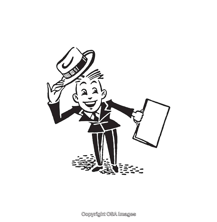 Retro Styled Black and White Businessman Tipping Hat with Clipboard