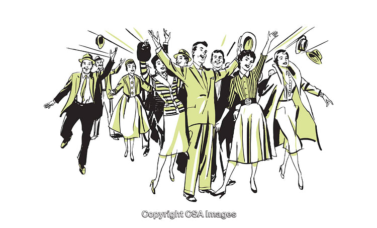 Retro Illustration of a Jubilant Group Celebrating Together in Joyful Spirits