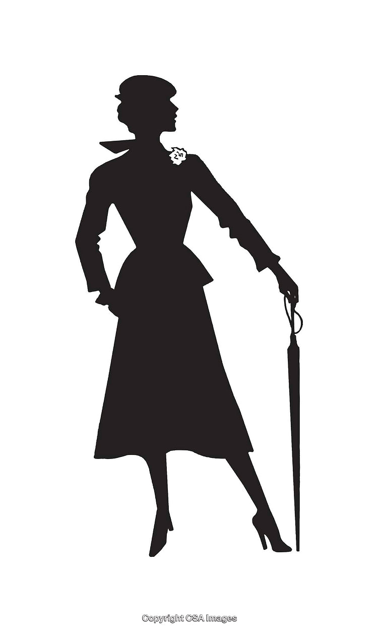 Silhouette of a Stylish Woman with Umbrella in Vintage Attire