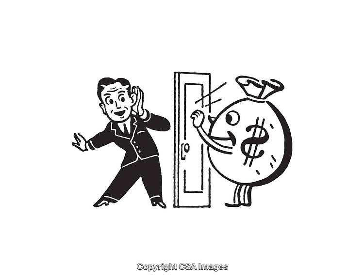 Retro Line Art of Businessman Surprised by Money Bag Character at Door