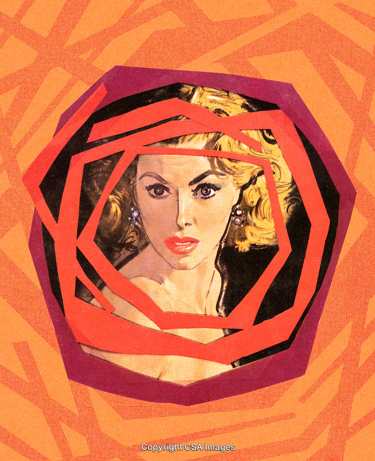 Retro-Styled Illustration Featuring Woman in Orange Artistic Collage Design