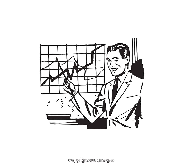 Retro Businessman Presenting Graph Analysis in Vintage Black and White Illustration