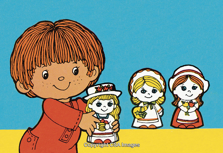 Illustration of Child Playing With Traditional Dolls in Colorful Outfits